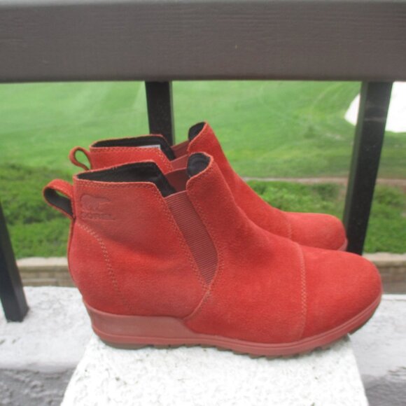 SOREL Women's Evie Pull On Suede Wedge Bootie Waterproof Lug Sole Warp Red~ 9.5 - Picture 4 of 11